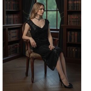 "JASAMBAC" Black‎ Sequins Dress,Asymmetrical Hem, Sleeveless, Scoop Neck,Goth,